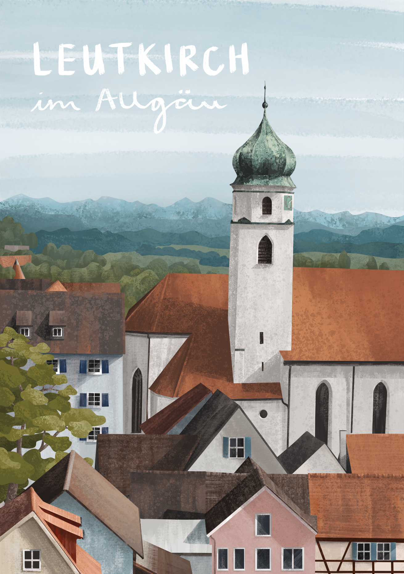 illustration for a postcard of the town Leutkirch